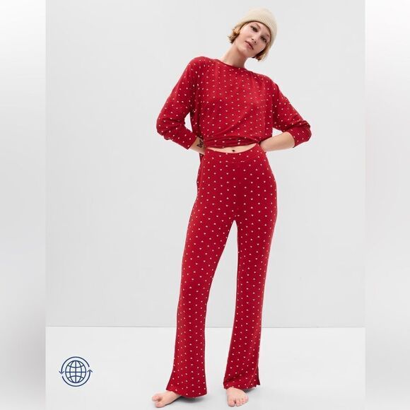 NWT New GAP BODY Modal Supersoft Split Flare Leg Pants Red White Heart Print S - Picture 1 of 4